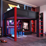 Gaming Loft Bed 140x200cm with Desk & LED, Black + Red