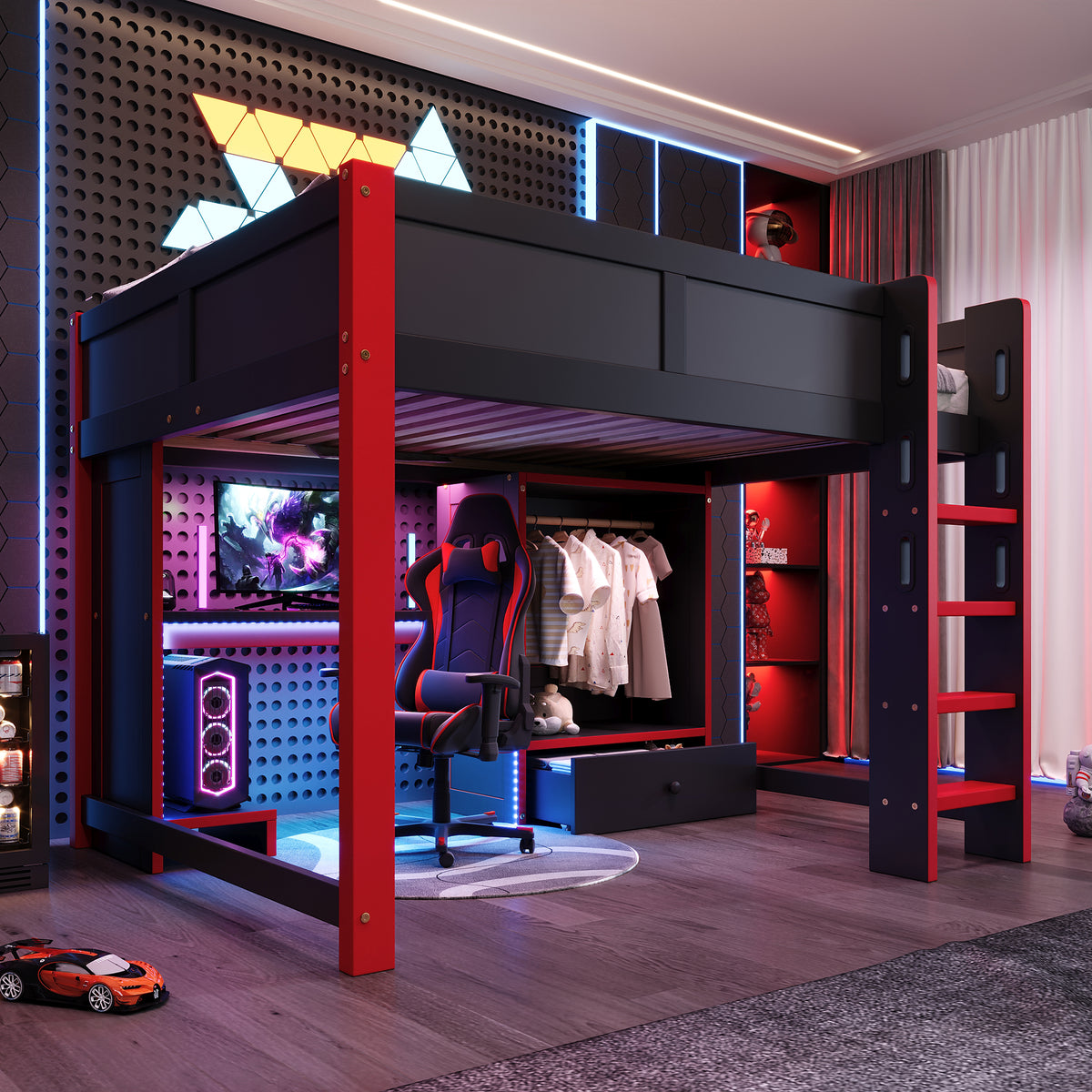 Gaming Loft Bed 140x200cm with Desk & LED, Black + Red