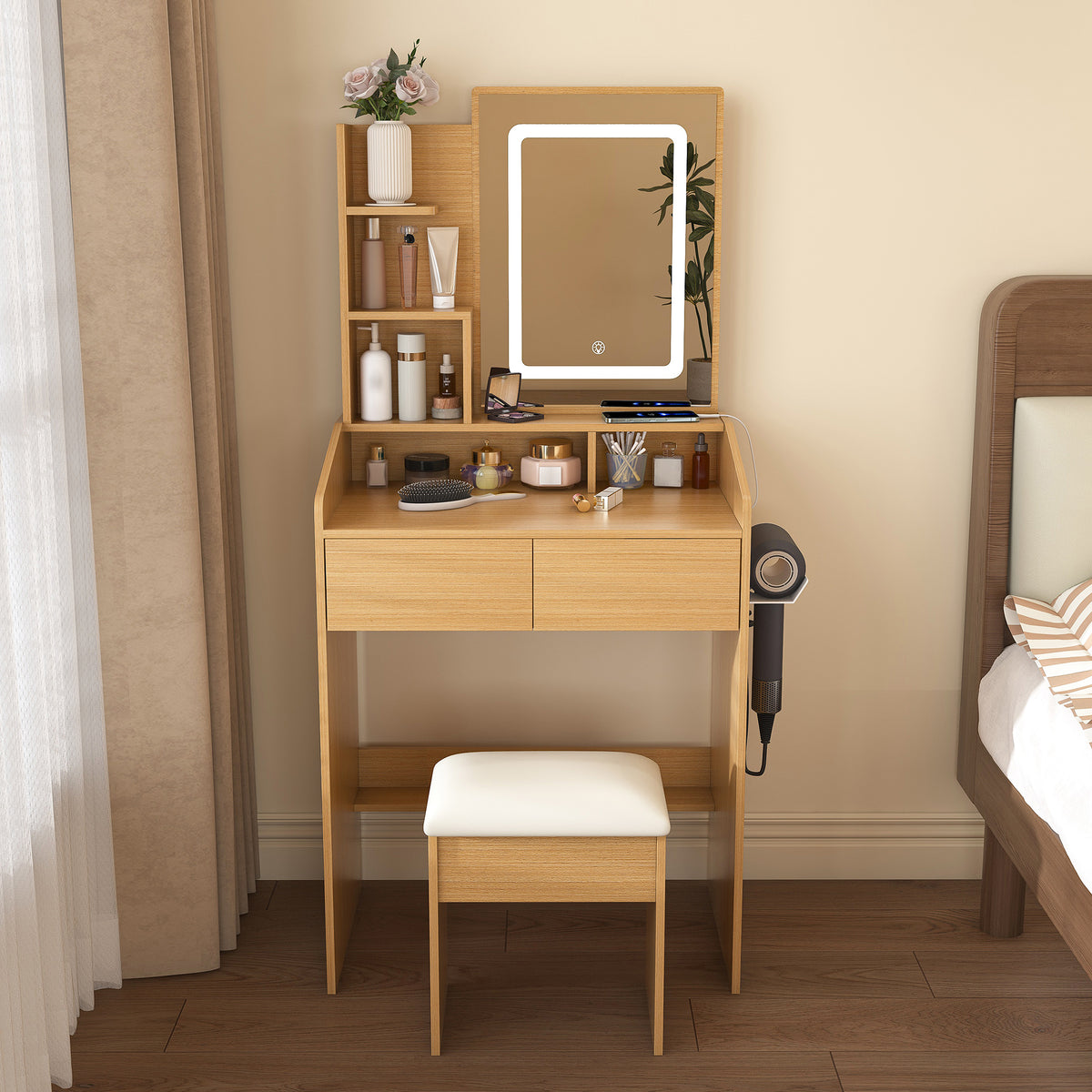 Dressing Table Set with LED Mirror & Power Outlet, Wood