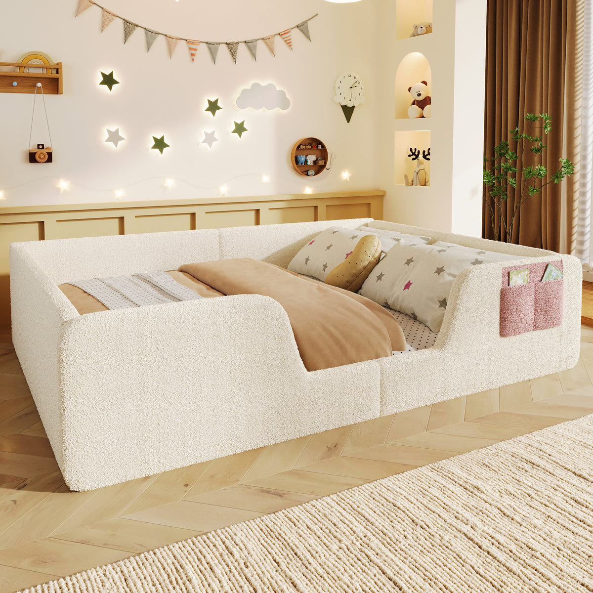 Upholstered Bed 140x190cm with Safety Rails & Storage, Beige Velvet