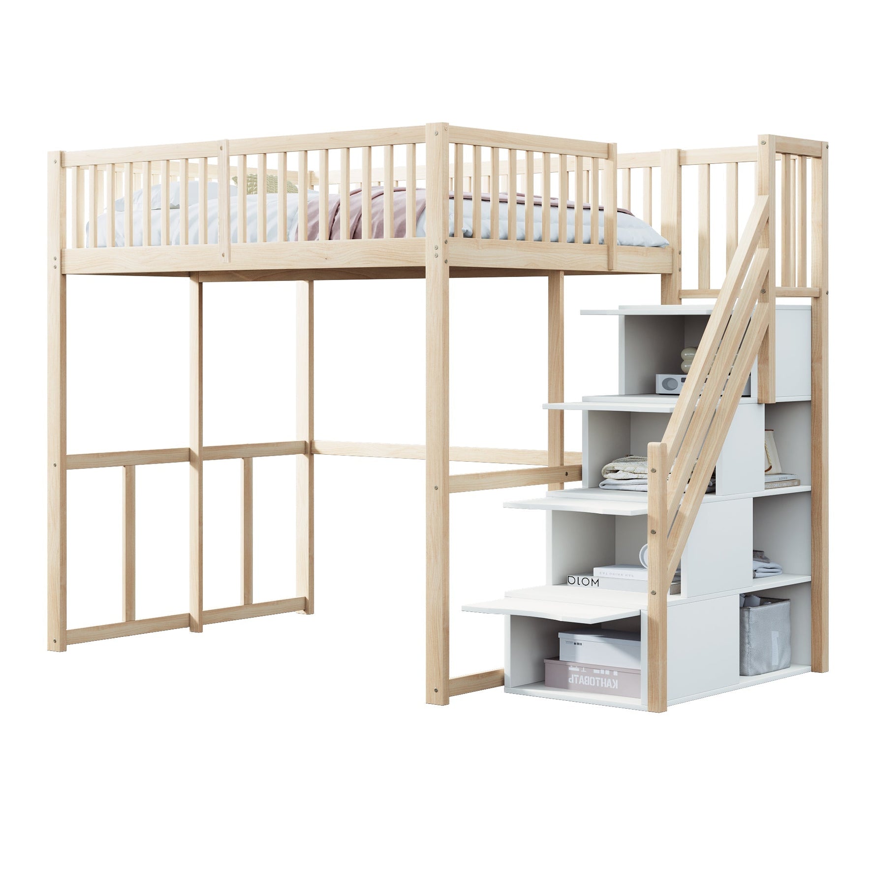 Loft Bed 140x200cm with Safety Ladder Railing & Storage Solid Pine Wood Color