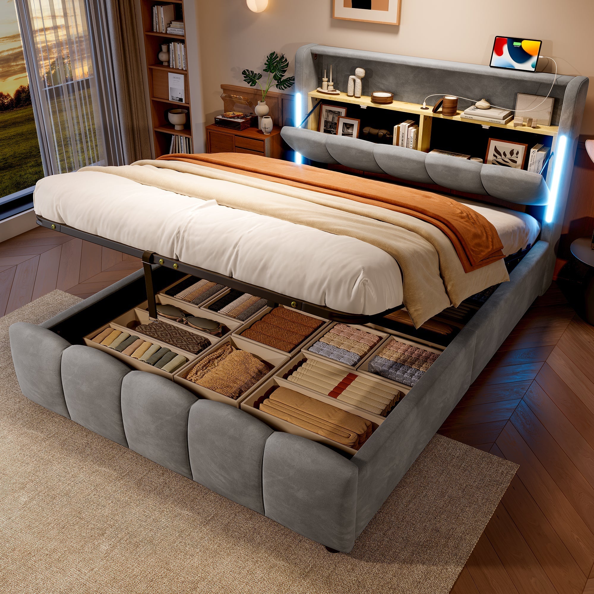 Upholstered Bed 140x200cm Hydraulic Storage LED Headboard USB/Type-C Velvet Grey