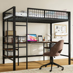 Iron Bunk Bed 90x200cm with Table Shelf Ladder for Children/Teens, Black/Dark Wood Color, Iron/Chipboard