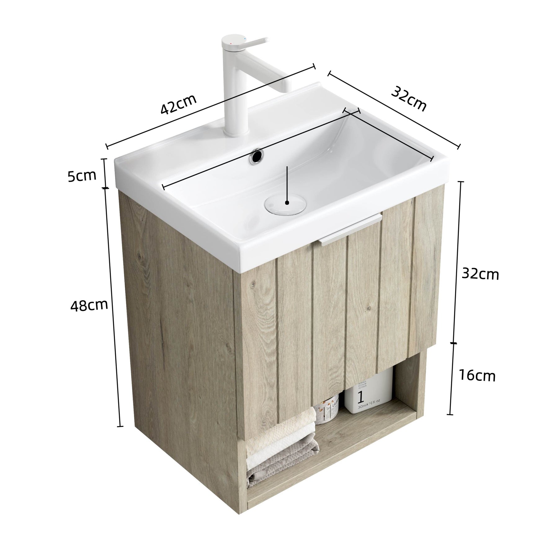 Bathroom Vanity Unit with Ceramic Sink and Open Shelf, Oak Cream Wood Grain
