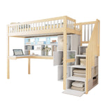Loft Bed with LED Lights, Desk, Shelves and Storage Ladder, 90x200cm, White and Natural Wood