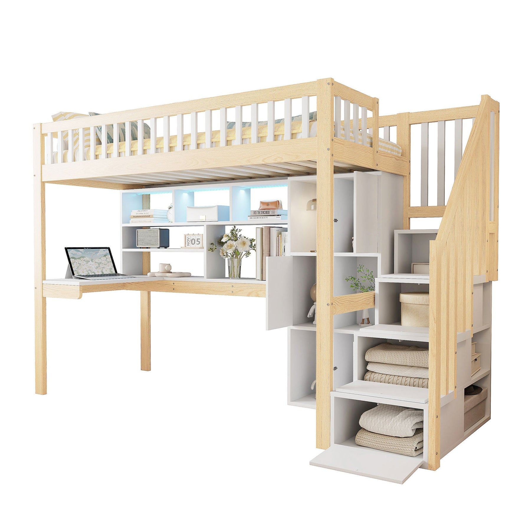 Loft Bed with LED Lights, Desk, Shelves and Storage Ladder, 90x200cm, White and Natural Wood