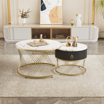 Modular Coffee Table Set of 2, Marble Look Drawers Gold Decor