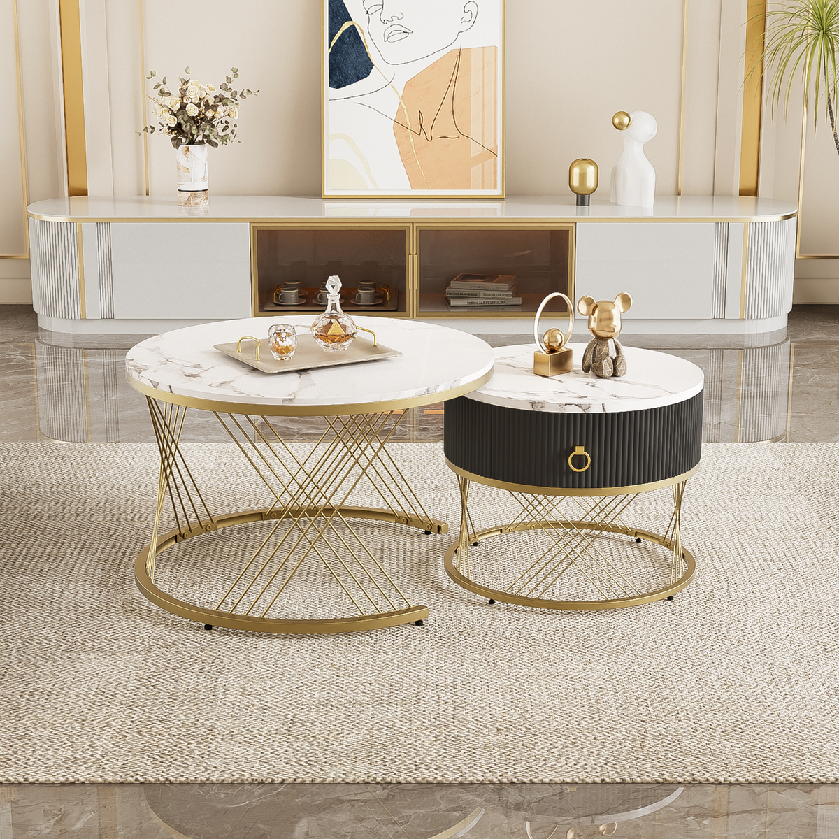 Modular Coffee Table Set of 2, Marble Look Drawers Gold Decor