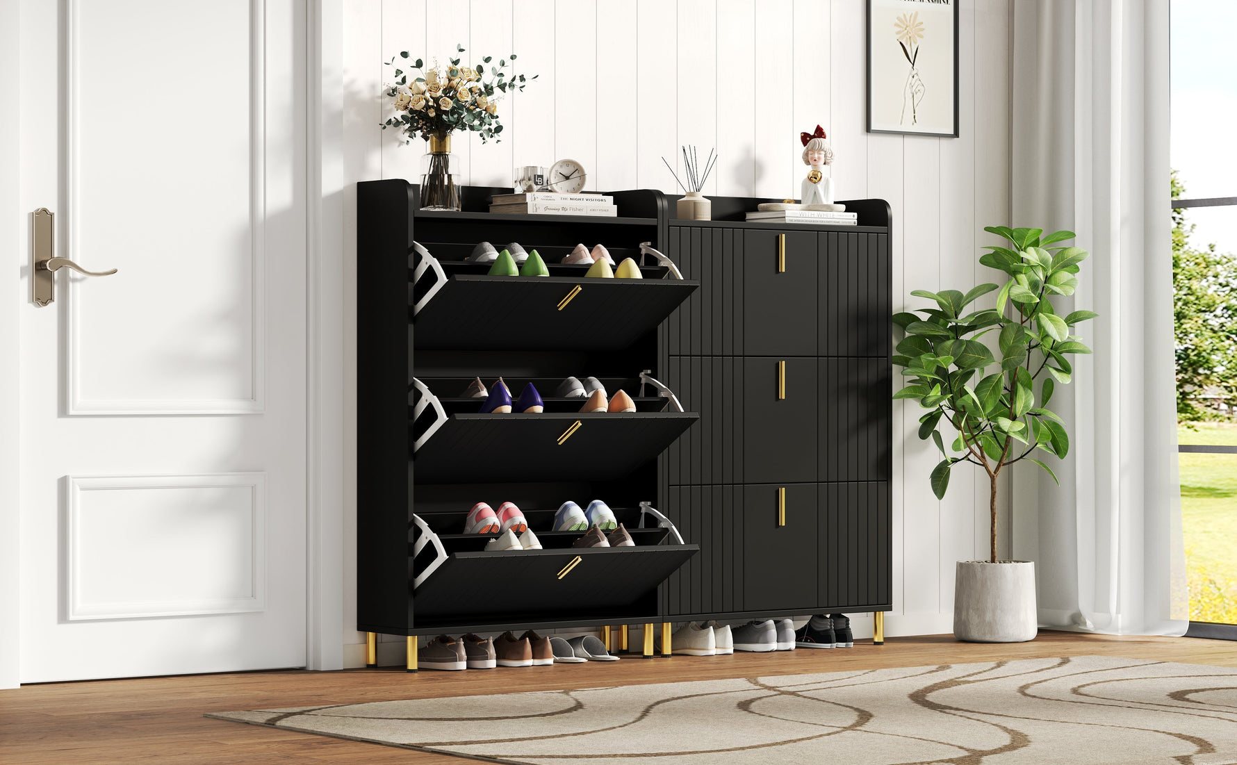Set of 2 Shoe Cabinets with 6 Adjustable Compartments and Anti-Tip Device, Black