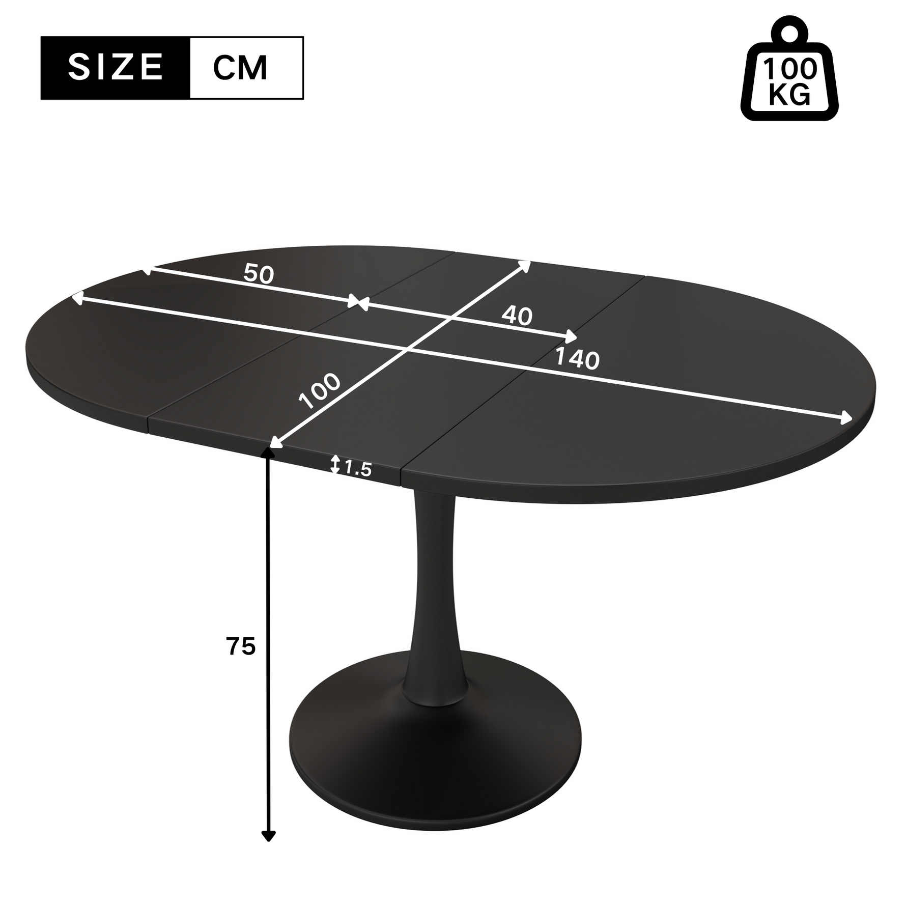 Extendable Oval Dining Table 100/140x100cm Modern - Black