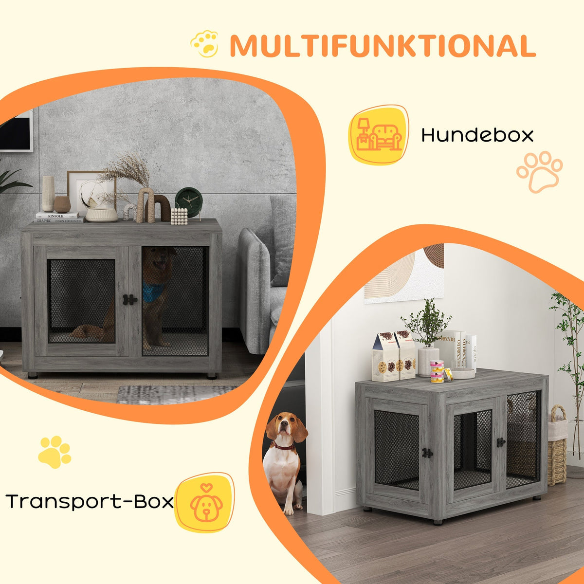 Dog Cage, 2 Doors, Washable Cushion, Adjustable Feet, Grey