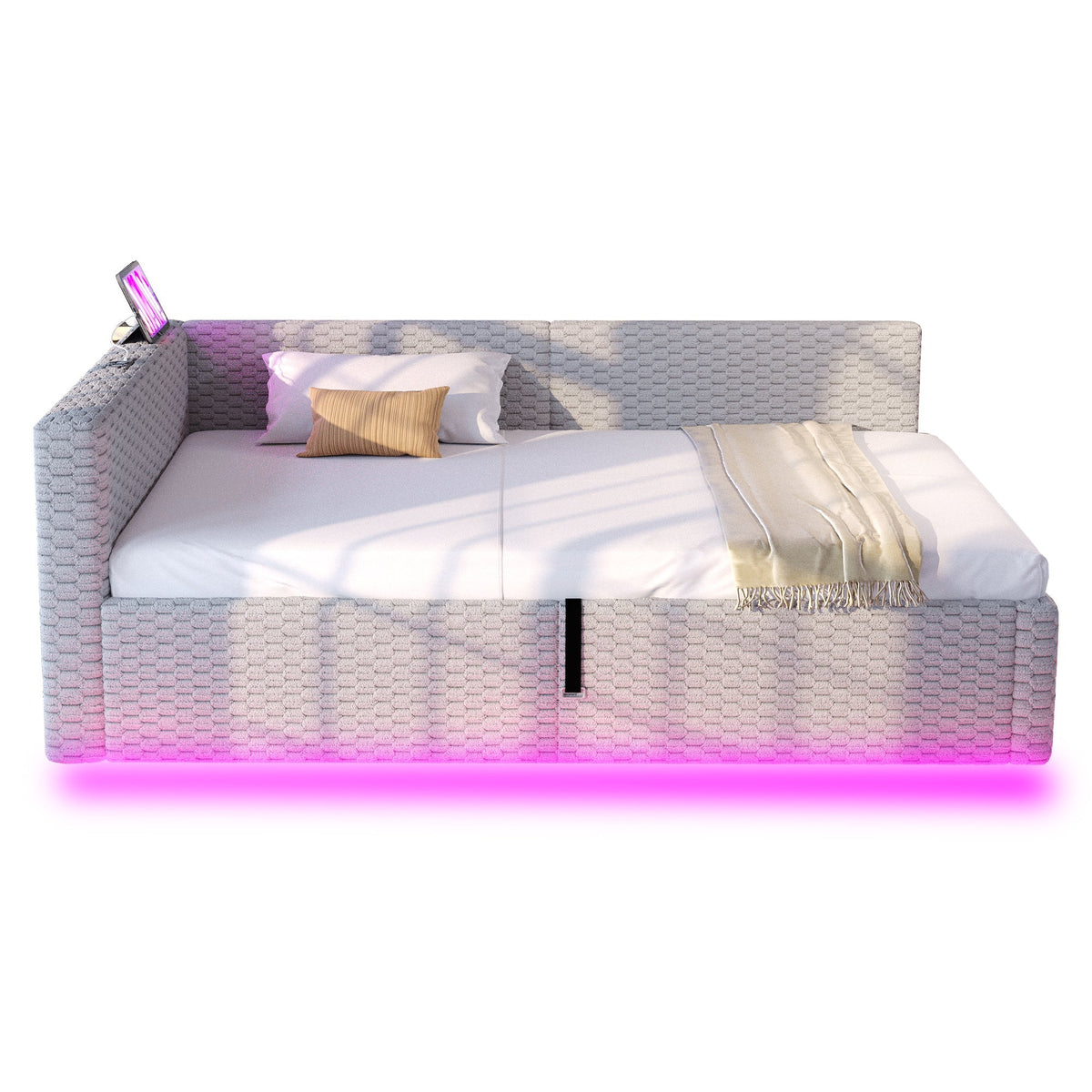Upholstered Bed with LED, USB, Type-C and Hydraulic Storage, 90x200cm, Grey Velvet