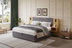 Upholstered Bed with Hydraulic Storage, LED, USB and 2 Bedside Tables, 160x200cm, Grey and Natural Velvet