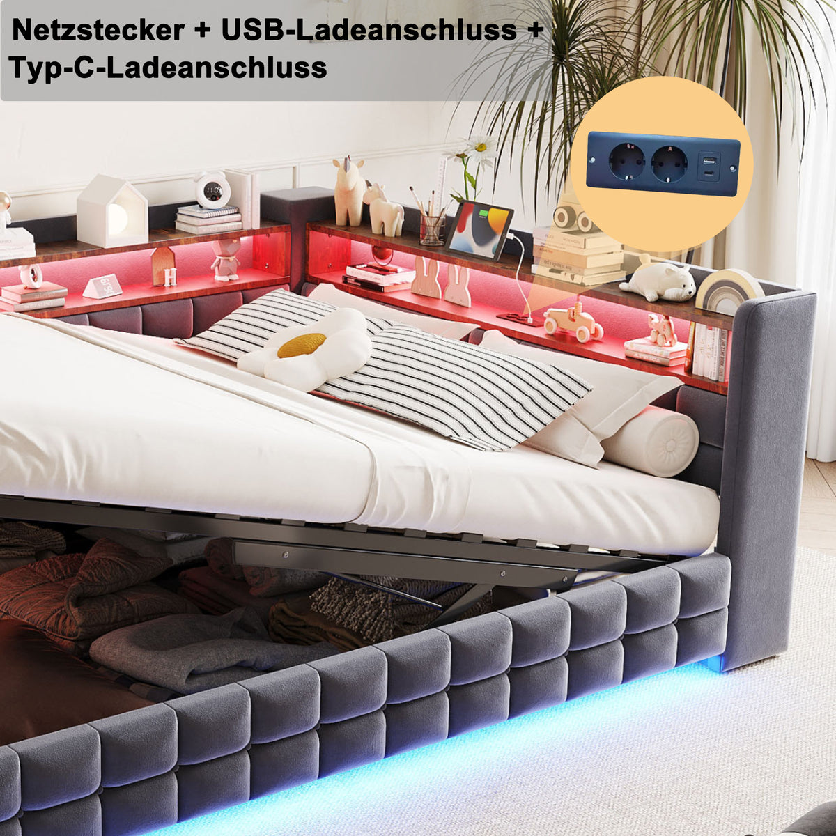 Multifunctional Sofa Bed 140x200 with Storage & LED, Dark Grey Velvet