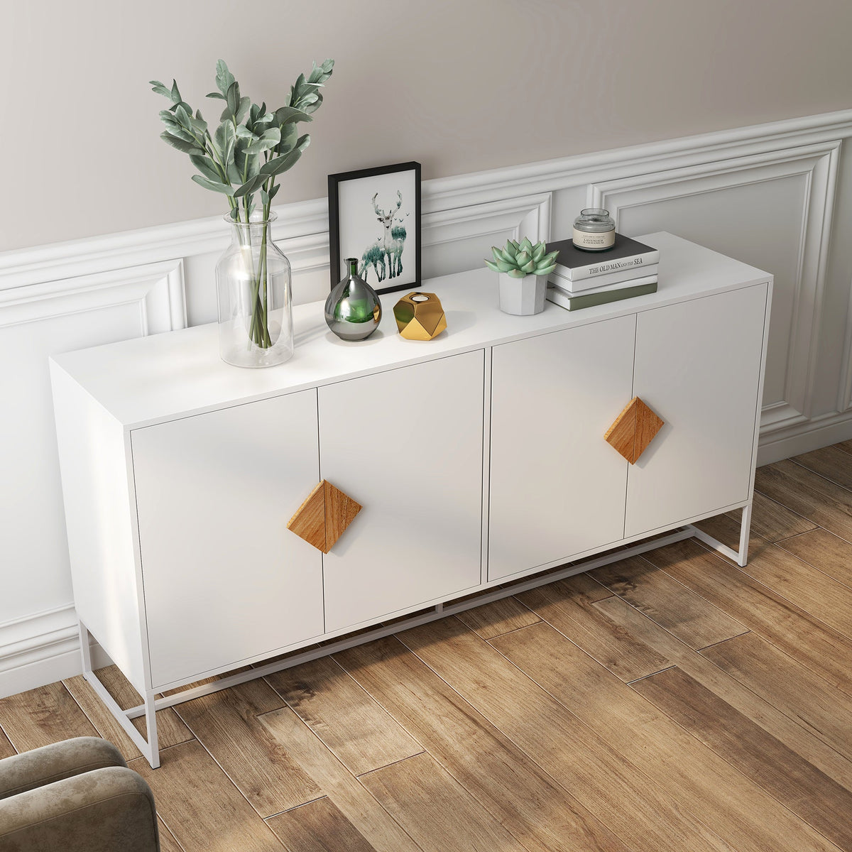 Sideboard, 4 Doors Double Storage Square Handle Design, Solid Wood