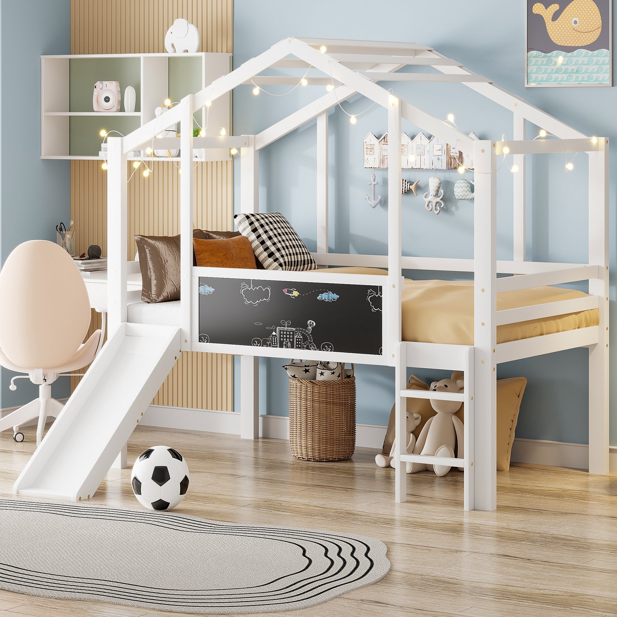 Children's Bed Attic Design, Ladder, Slide, Graffiti Board, Multifunctional Solid Wood, White