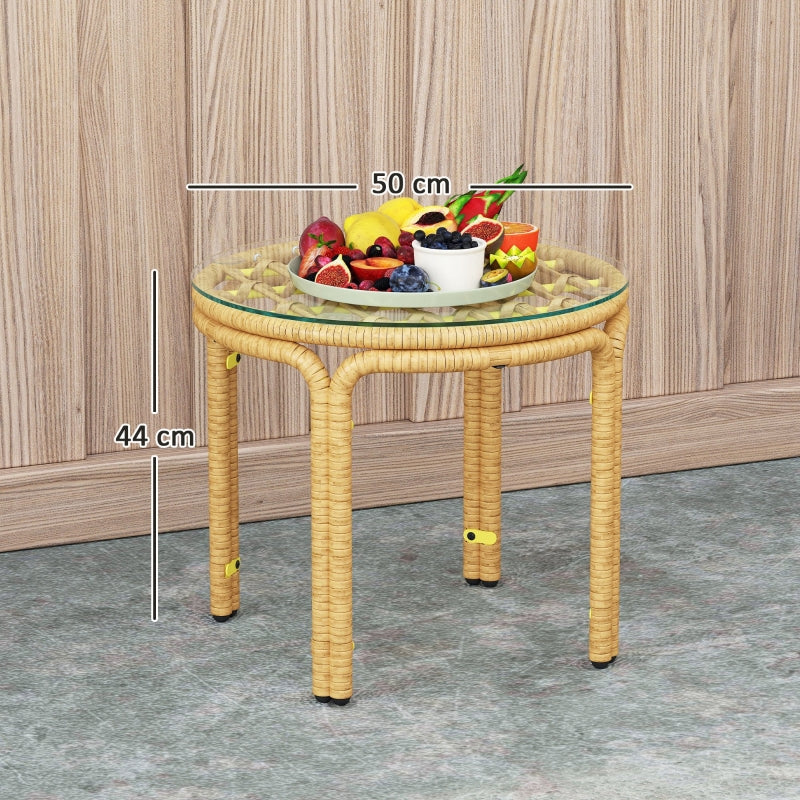 Side Table, Round Coffee Table, Glass Top, Polyrattan, Yellow