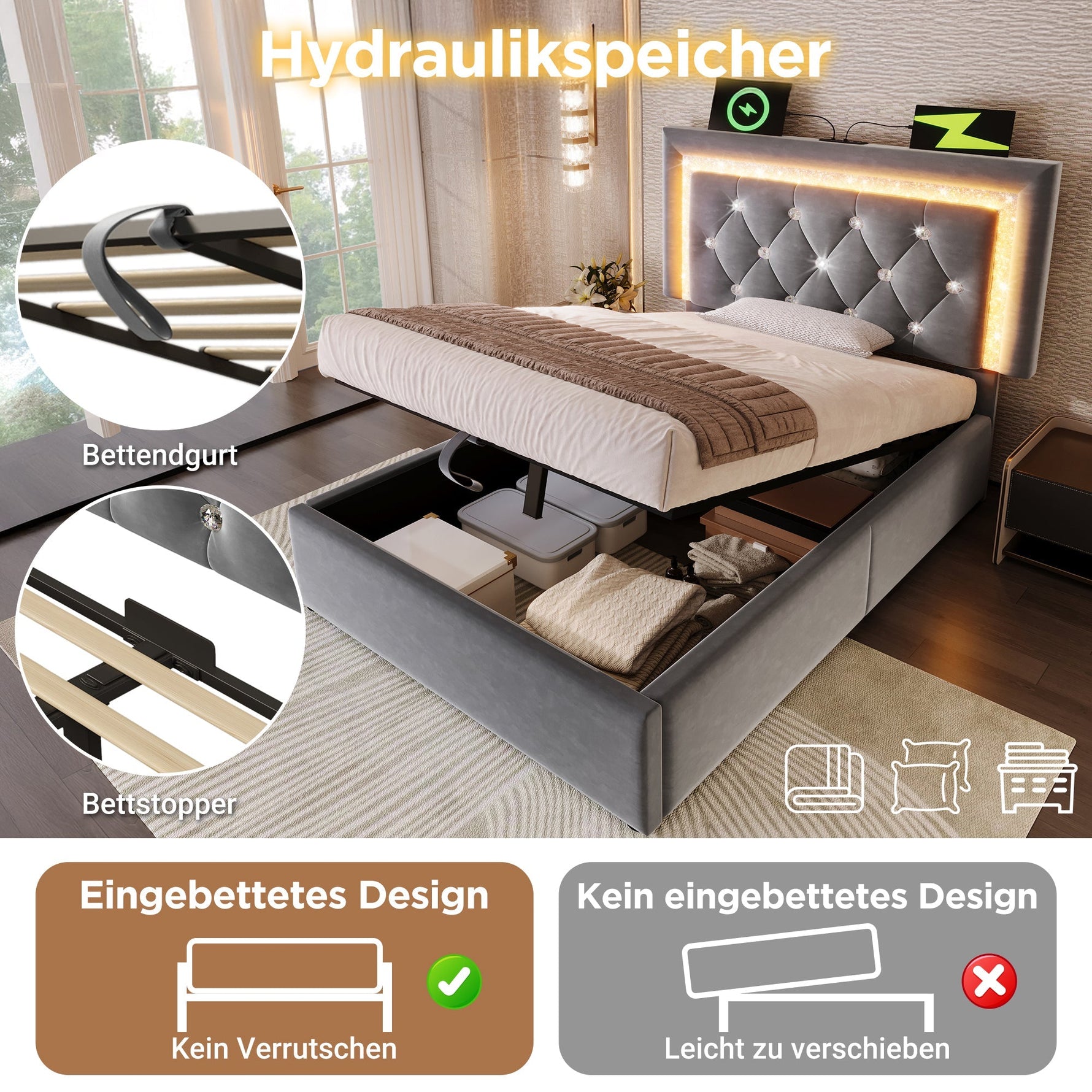 Upholstered Single Bed 90x200cm Hydraulic Storage LED USB Velvet Grey