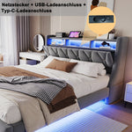 Upholstered Bed 180x200 cm, Fold-Down Headboard with Socket Storage & LED Lighting, Floating Design, Velvet Grey