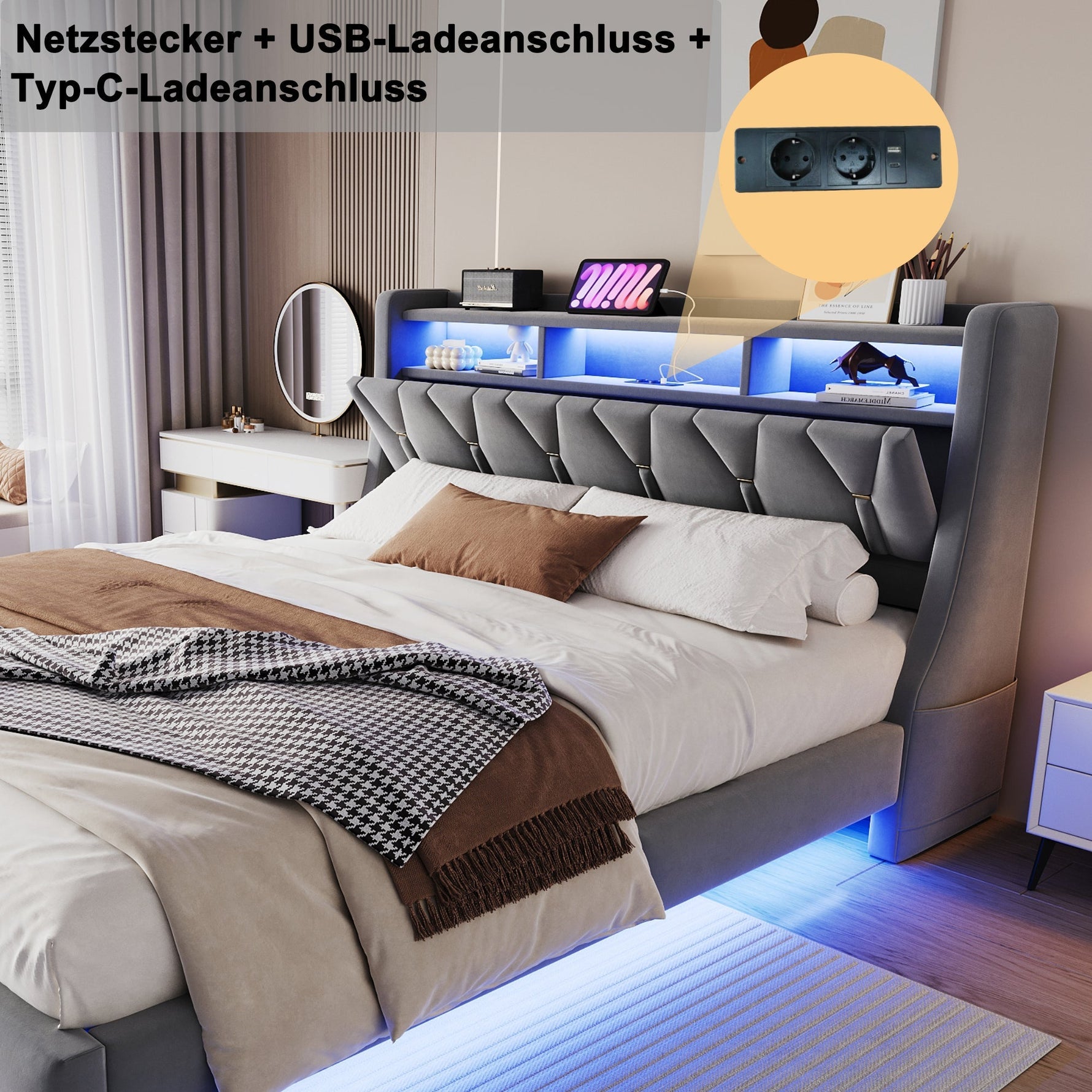 Upholstered Bed 180x200 cm, Fold-Down Headboard with Socket Storage & LED Lighting, Floating Design, Velvet Grey