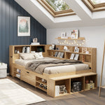 Multifunctional Children's Storage Bed with Nightstands, Shelves and Wireless Charging, Natural
