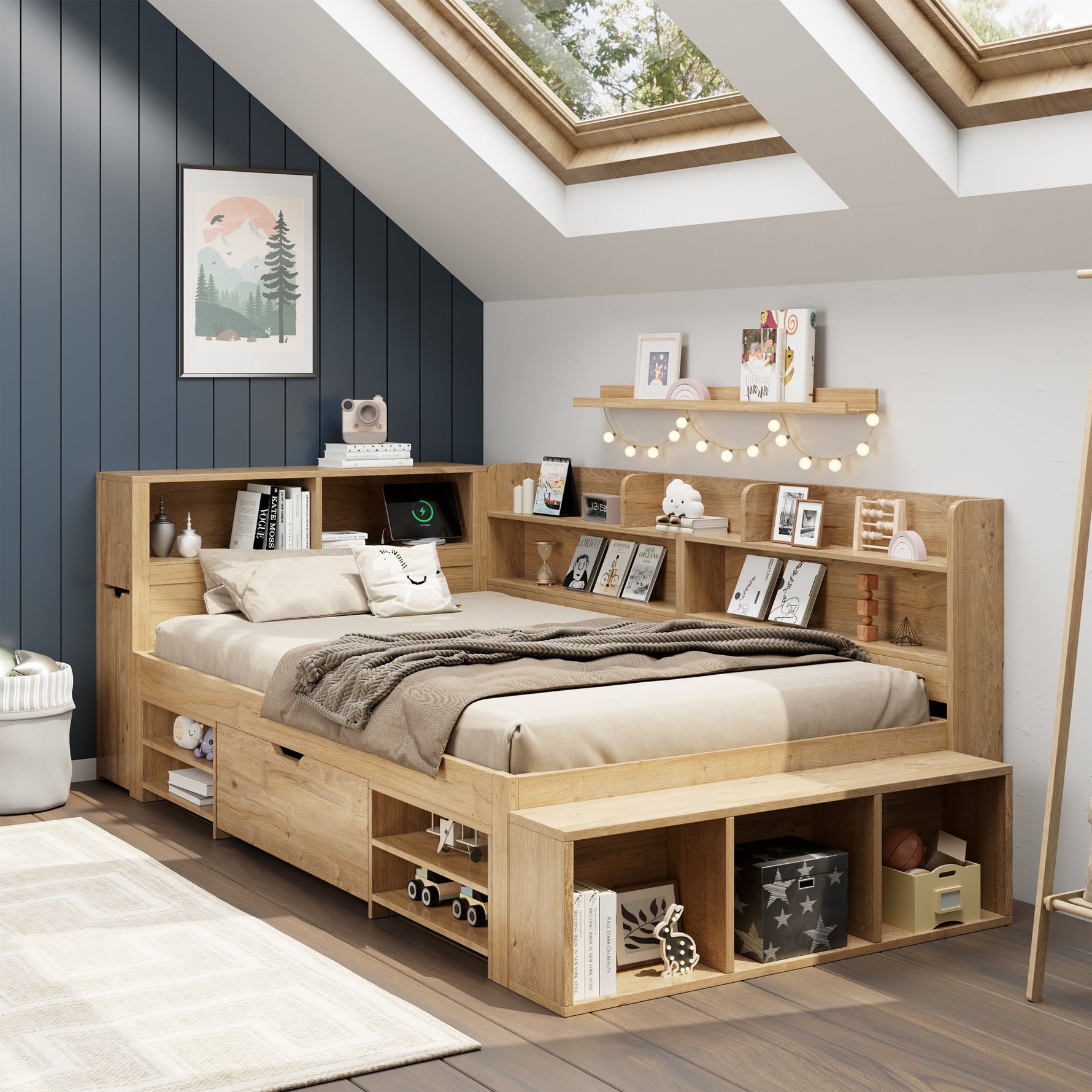 Multifunctional Children's Storage Bed with Nightstands, Shelves and Wireless Charging, Natural