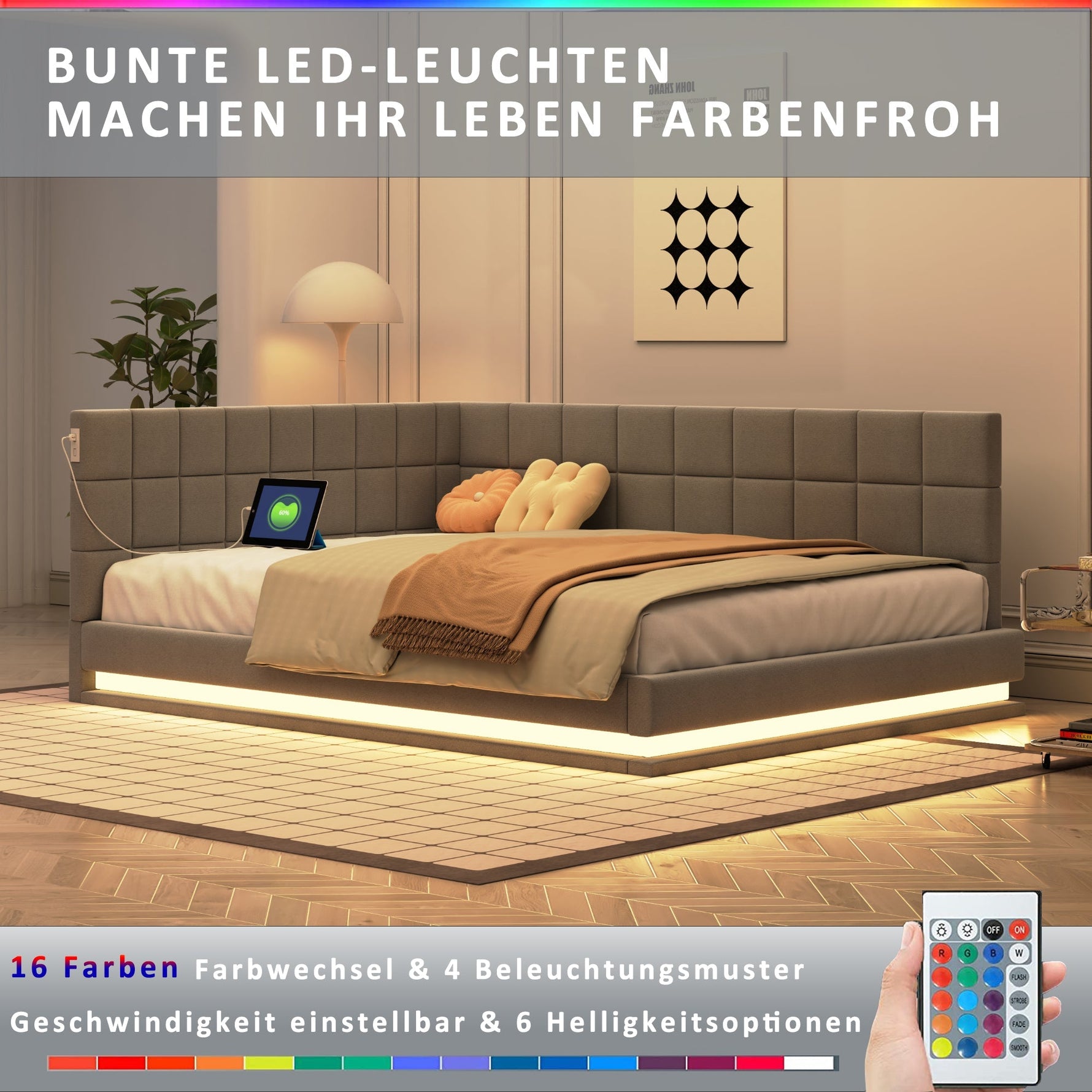 Upholstered Sofa Bed, 140x200 Multifunctional with LED & USB, Gray Velvet