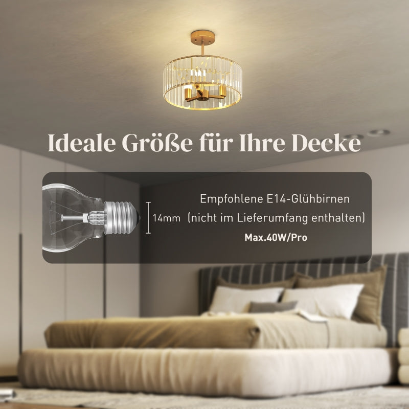 Ceiling Lamp, Chandelier Design, Crystal Shade, 3 Bulbs, Gold Metal