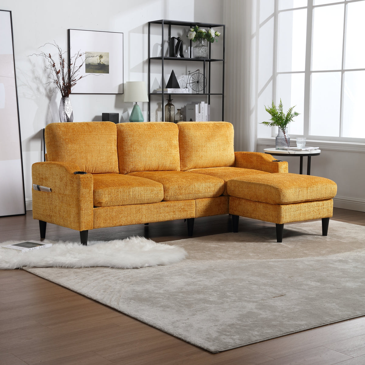 Sofa, 4-Seater with Footstool, Storage & Cupholder, Velvet