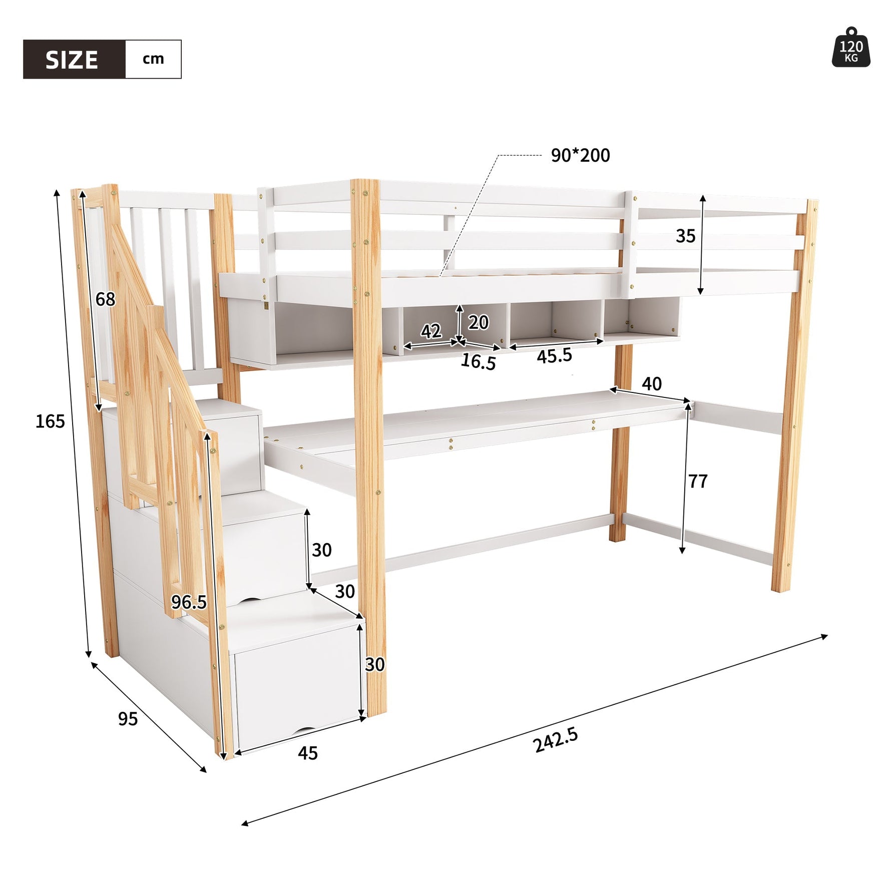 Children's Loft Bed, Large Desk & Shelves, Environmentally Friendly, Natural & White
