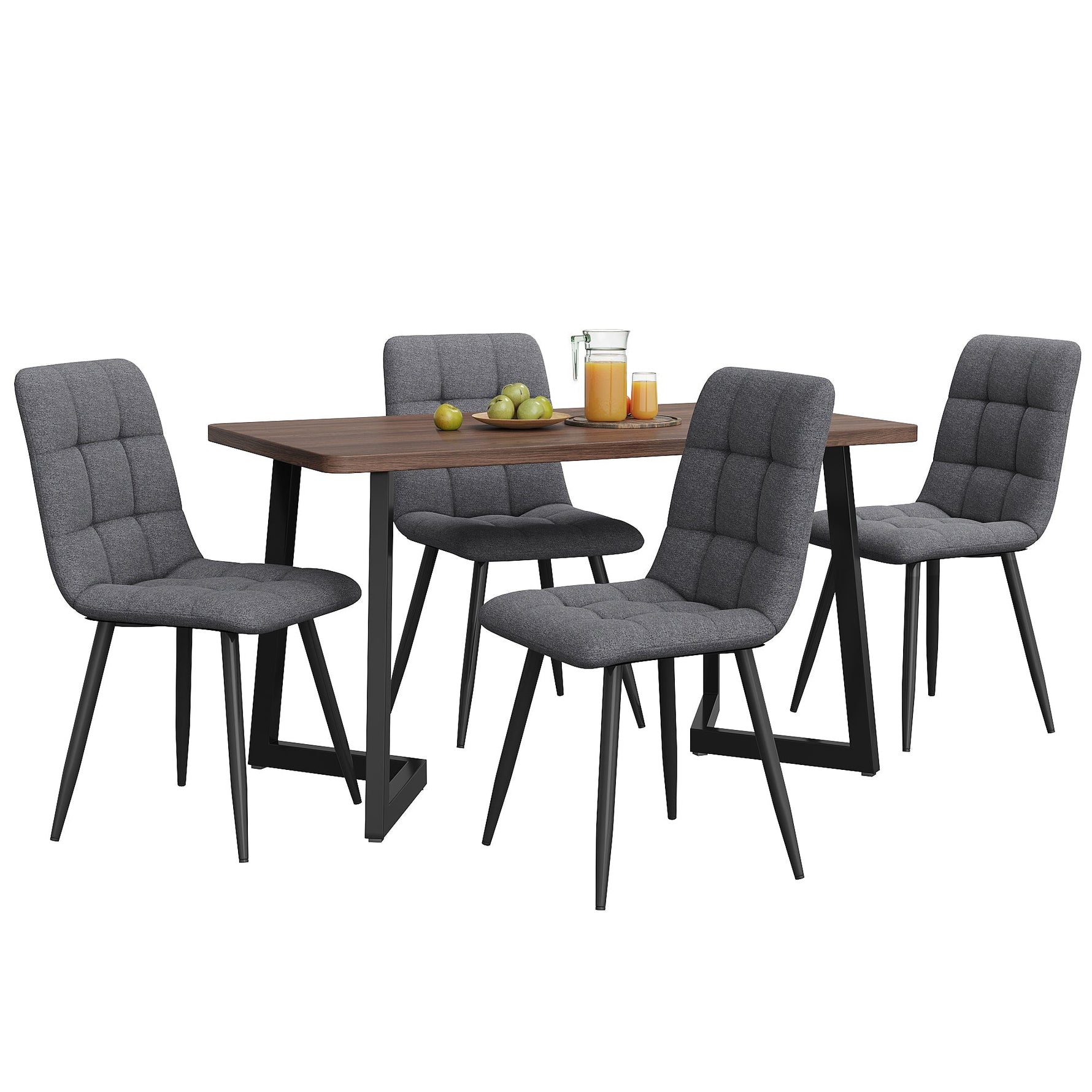 5-Piece Dining Set Modern Kitchen Table Wood Grain MDF, 4 Dark Gray Linen Chairs, Walnut/Black Metal