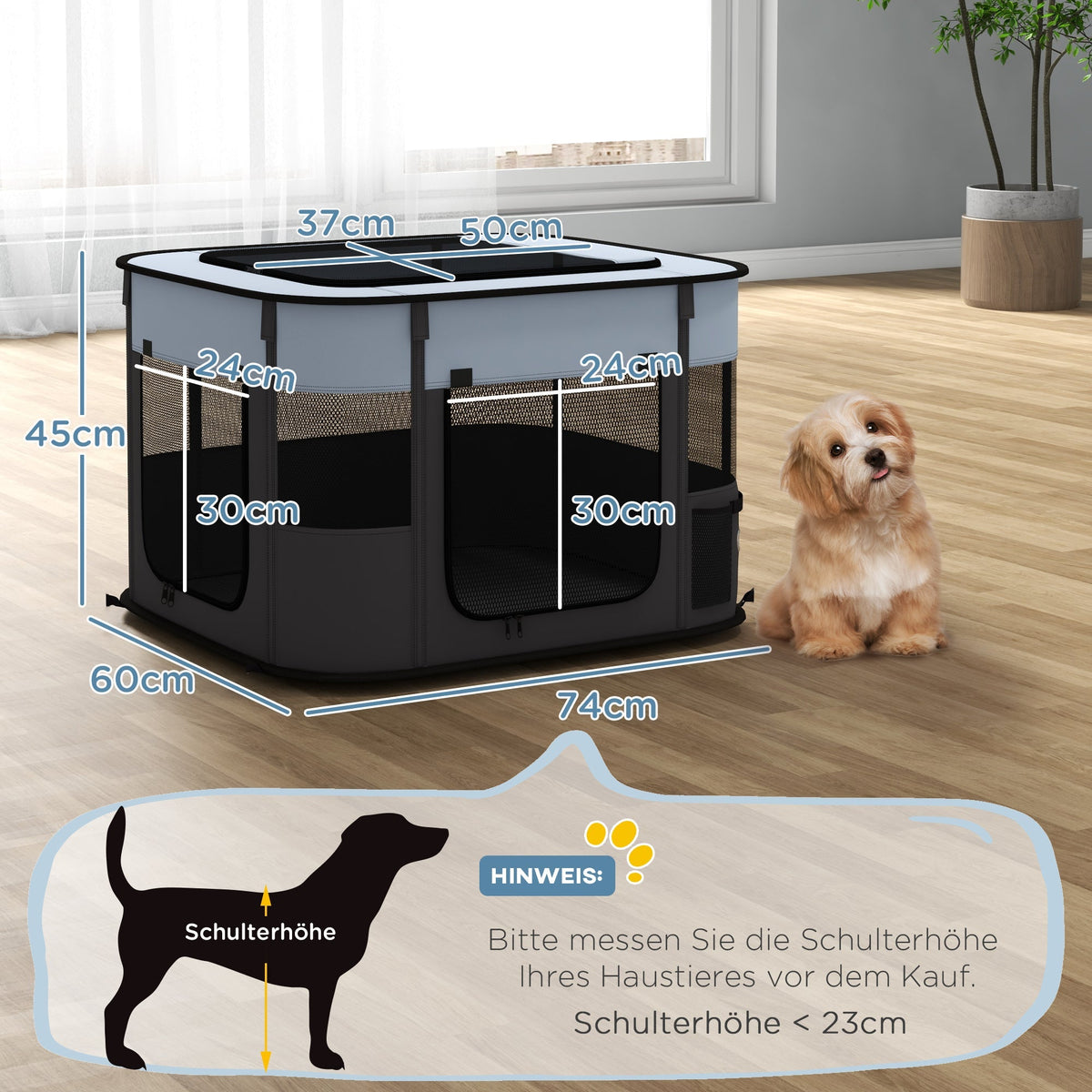 Puppy Playpen Foldable with Doors, Windows, Breathable Mesh, 74x60x45cm Grey