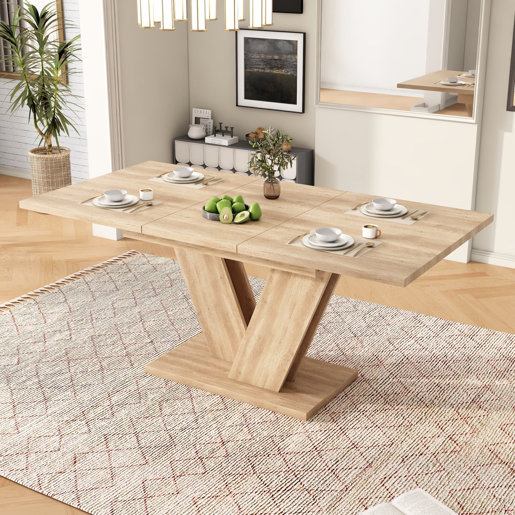 Extendable Dining Table 140/180x80cm Rectangular Thickened Top V-Shaped Legs Oak Color