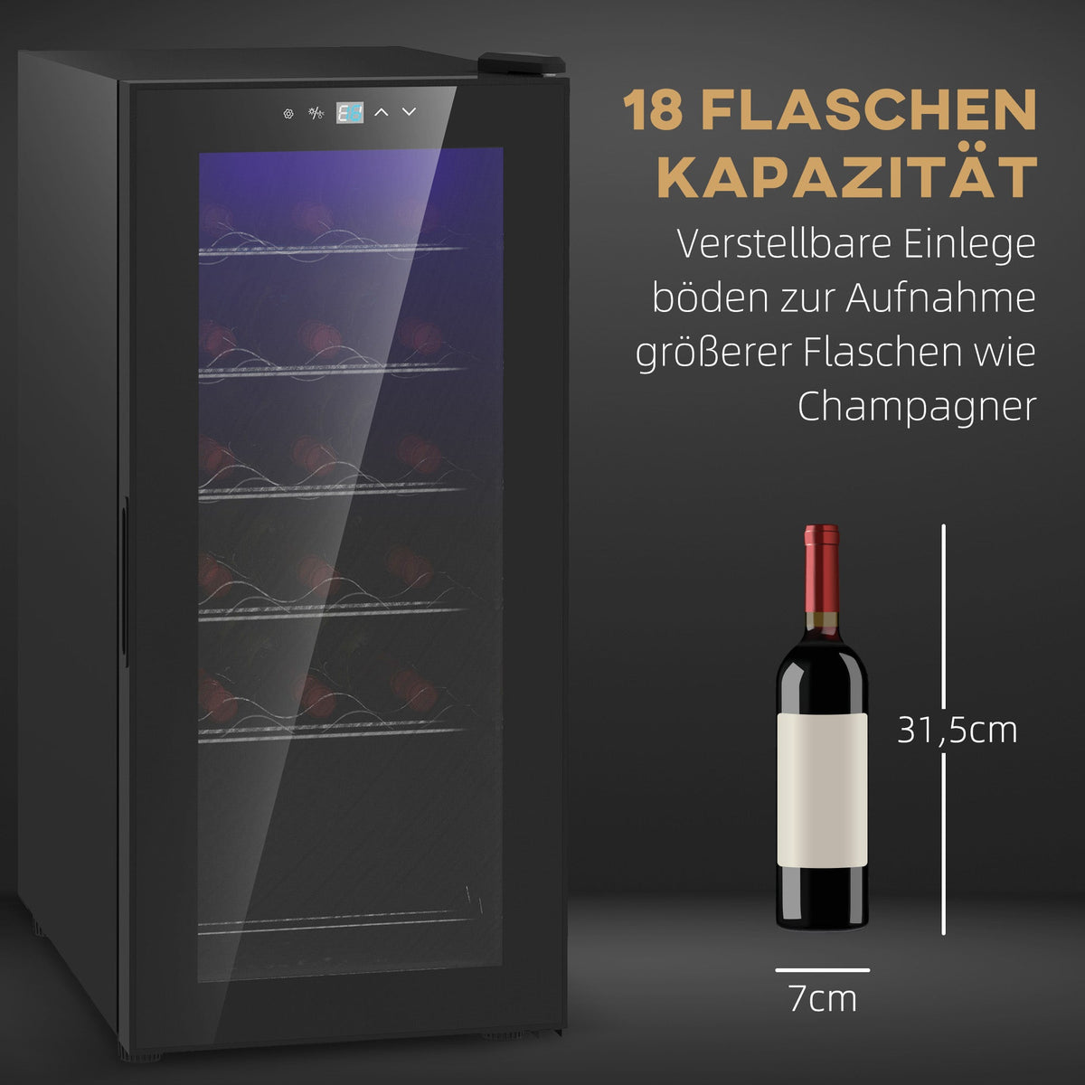 Wine Cooler, 18 Bottles, 50L, Glass Door, Stainless Steel