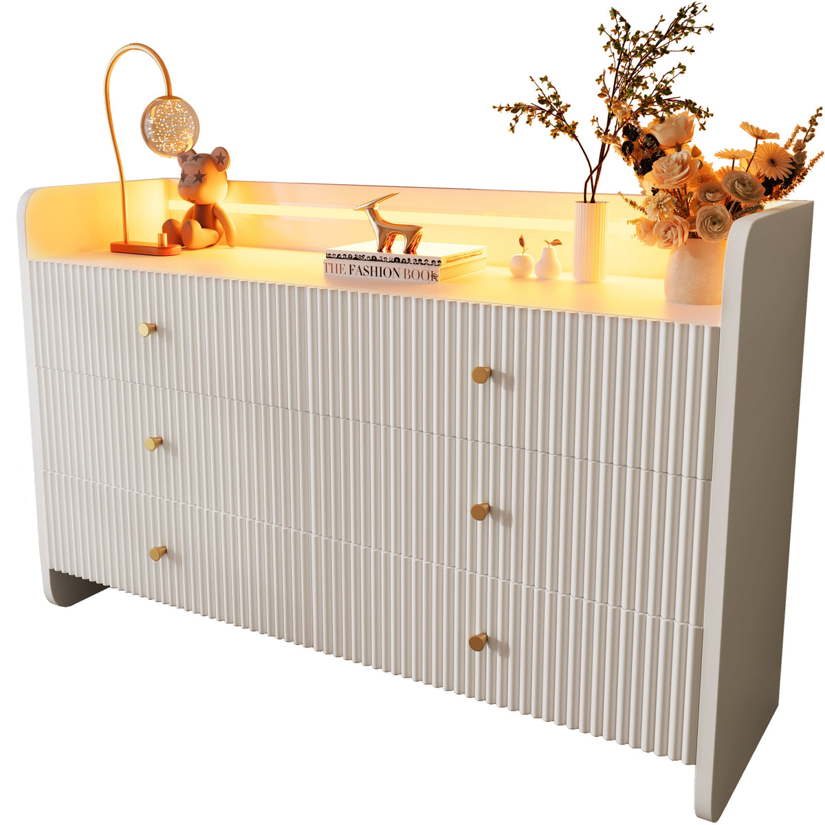 Sideboard, LED Lighting, 6 Drawers, Wave-Shaped Groove, White
