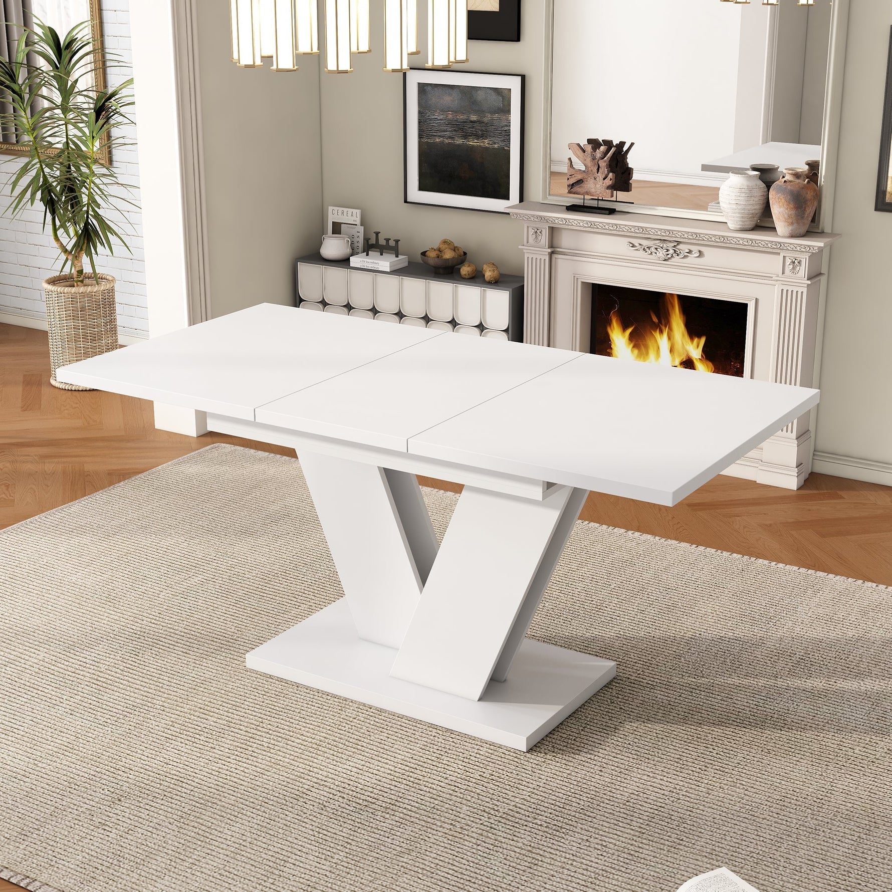 Extendable Dining Table Set with 6 Velvet Chairs and V-Shaped Legs, White and Beige