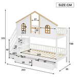 Bunk Bed, Children's with Safety Gate, Drawers & Storage Stairs, Pine+MDF, White+Natural