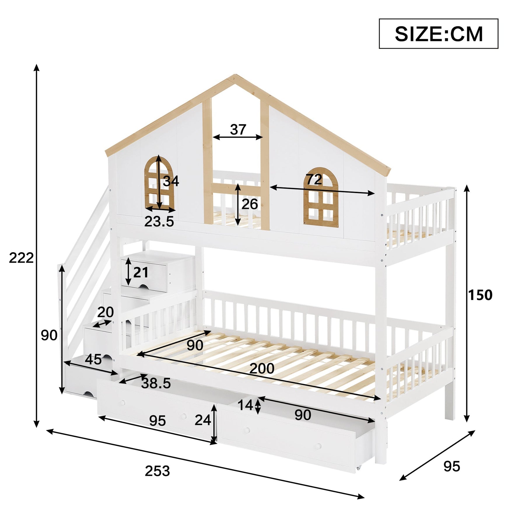 Bunk Bed, Children's with Safety Gate, Drawers & Storage Stairs, Pine+MDF, White+Natural