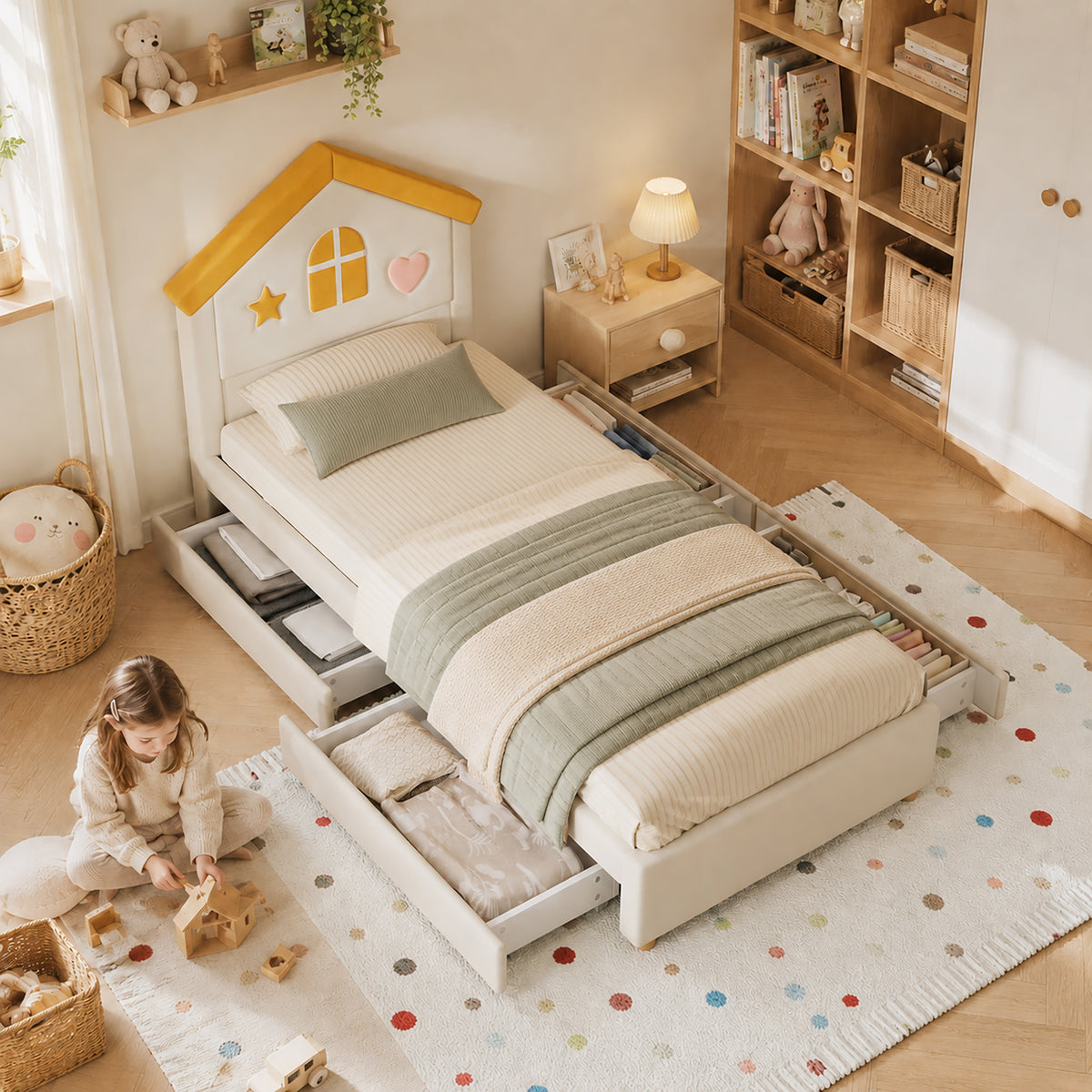 Children's House Bed 90x200 with 4 Drawers, Beige Velvet