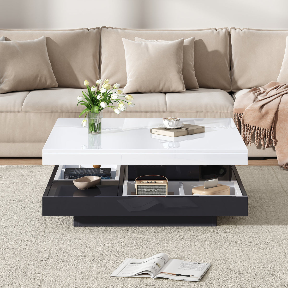 High-gloss tabletop coffee table, 360° rotatable, 2-tier with storage, white and black