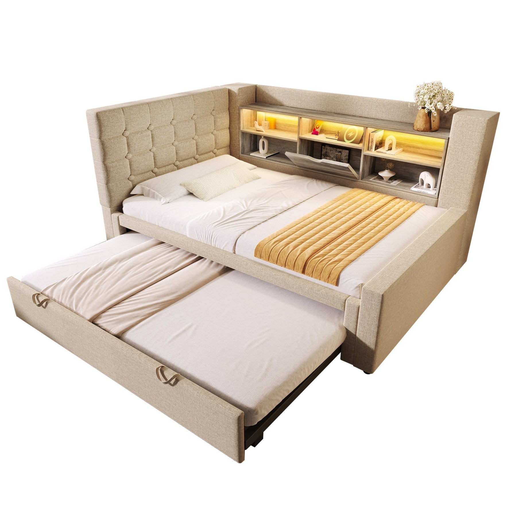 Upholstered Bed 90x200cm Pull-Out Bed LED Storage Headboard - Linen Beige