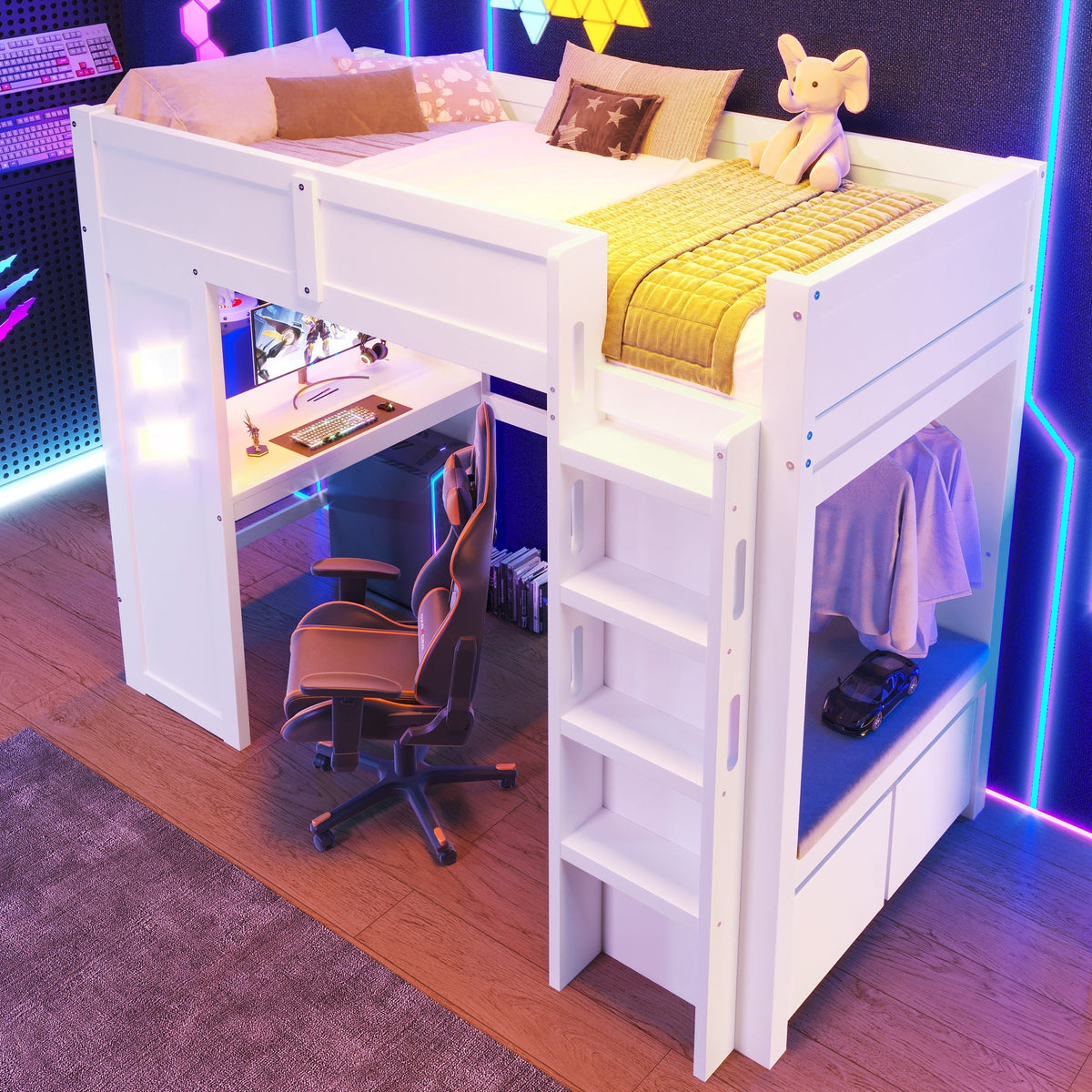 Loft Bed 90x200cm Gaming Bed Desk LED USB/Type-C Drawer Clothes Rack White