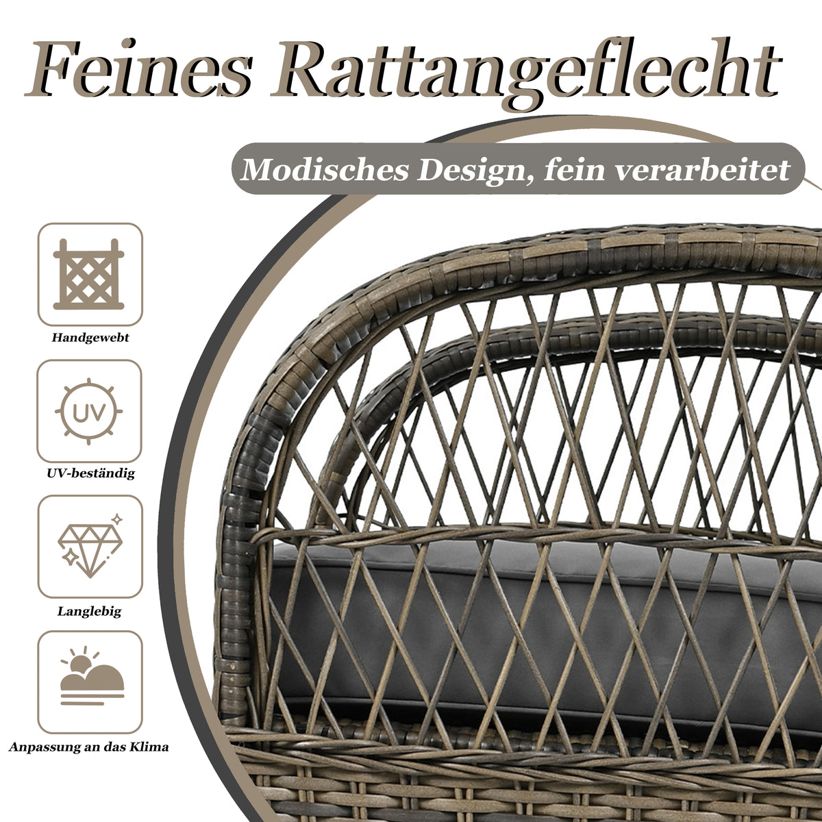 3-Piece Balcony Furniture Set with Cushions, Grey Rattan