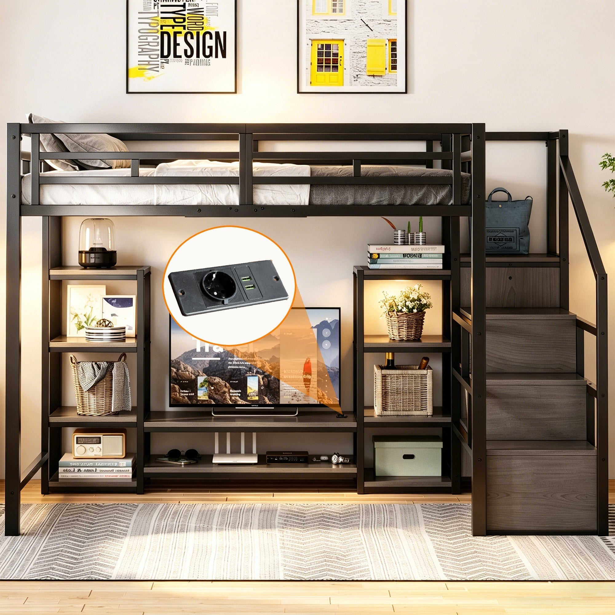 Loft Bed with TV Stand, Power Outlet and Safety Ladder, 140x200cm, Black Metal and Wood