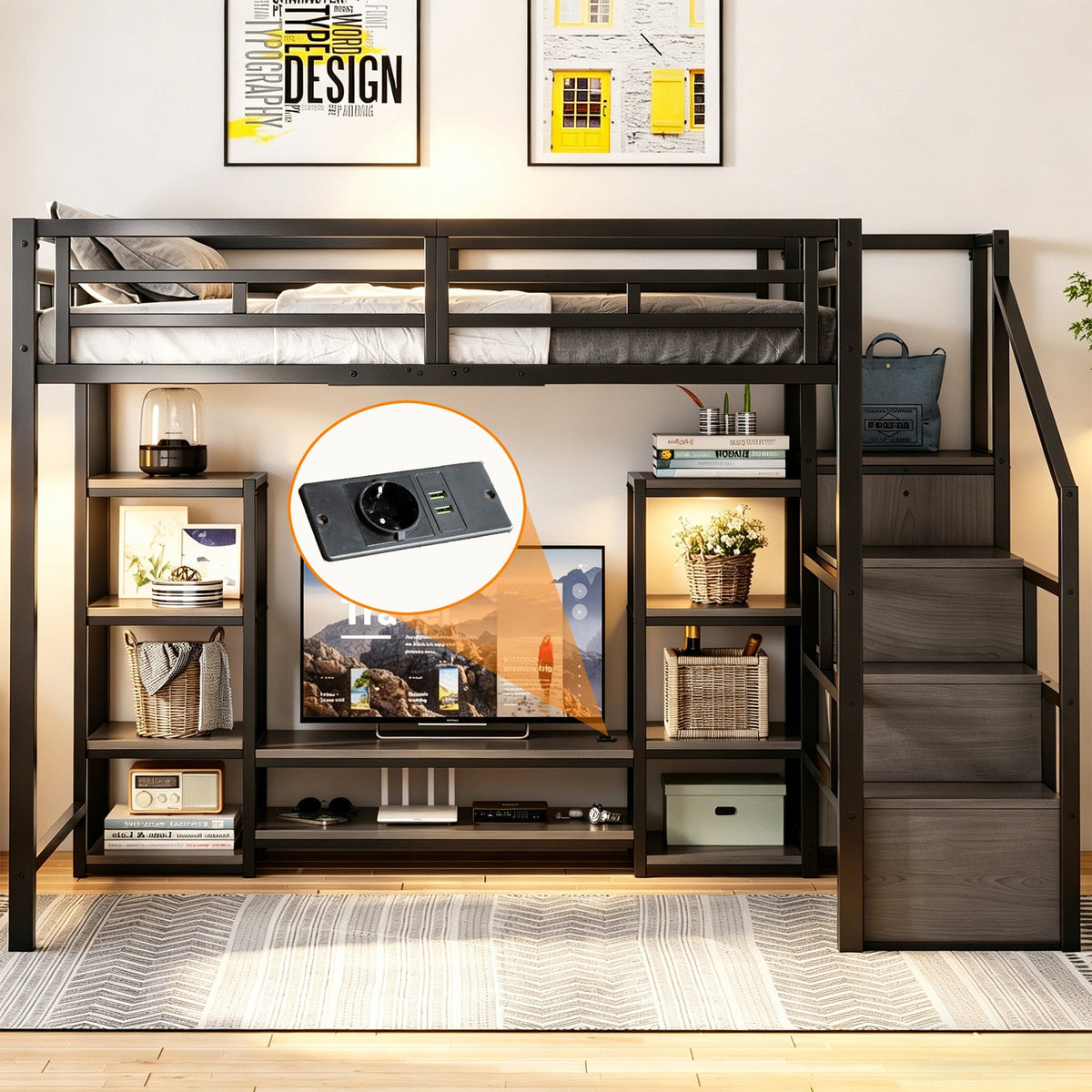 Loft Bed with TV Stand, Power Outlet and Safety Ladder, 140x200cm, Black Metal and Wood