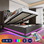 Upholstered Double Bed with Hydraulic Storage, USB Charging and LED, 180x200cm, Grey Cotton