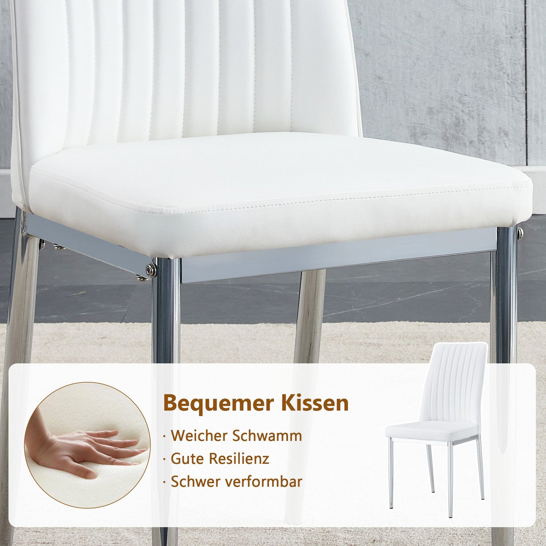 Dining Table Set, Minimalist 85cm Glass Table with 4 Chairs, White Faux Leather