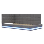 Upholstered Bed Sofa, 90x200 Multifunctional with LED & USB, Linen Fabric Grey