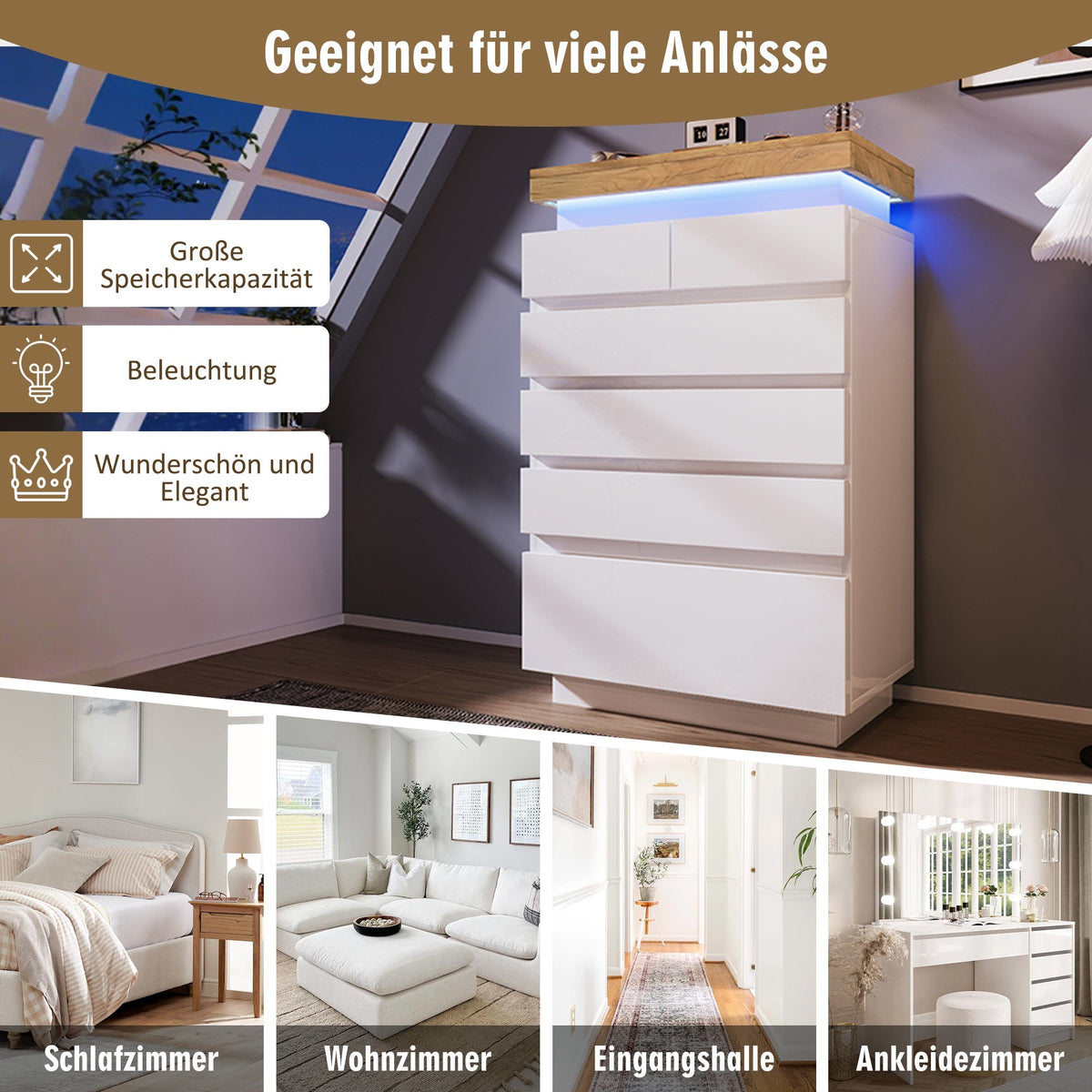 Chest of Drawers, 6-Drawer LED High-Gloss Sideboard, White