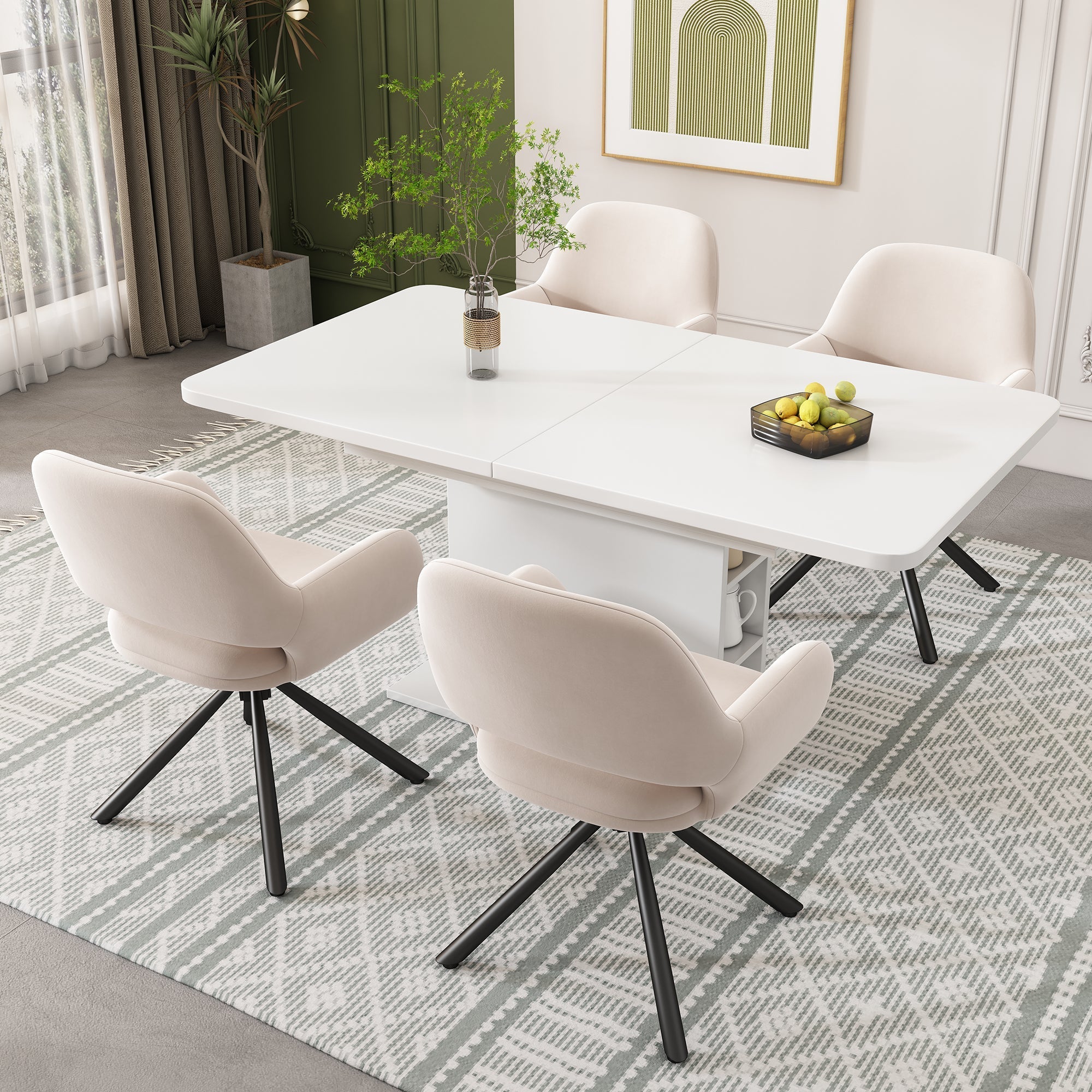 Dining Room Set with Extendable Storage Table and 4 Velvet Chairs, White